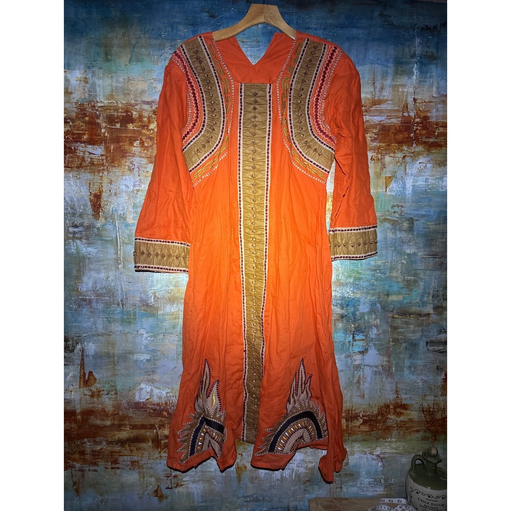 Vintage Orange Indian Kurta Embroidered Cotton Dress Sunburst Tribal Boho L